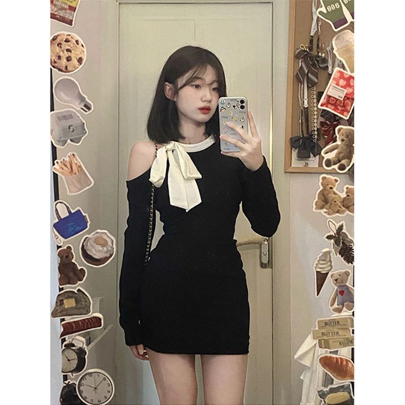 辣妹欲风秋季生日礼服小个子辣妹包臀后妈裙小黑裙长袖连衣裙