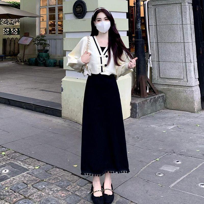 法式连衣裙女2023秋冬新款大码女装时尚气质外搭吊带裙子两件套