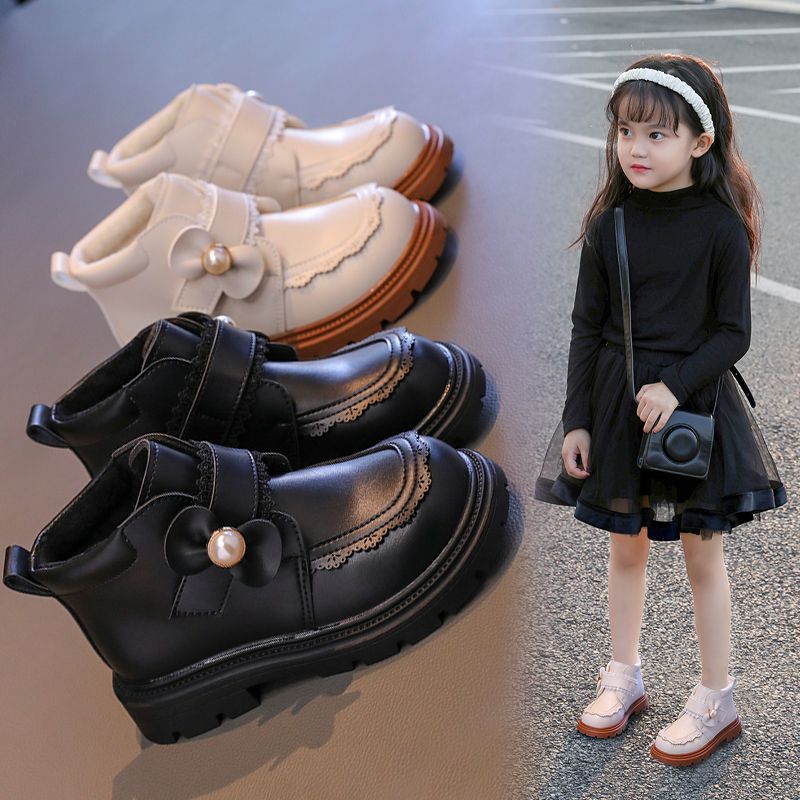 回力瑞女童靴子加绒短靴2023新款保暖公主皮鞋冬季女孩软底二棉鞋