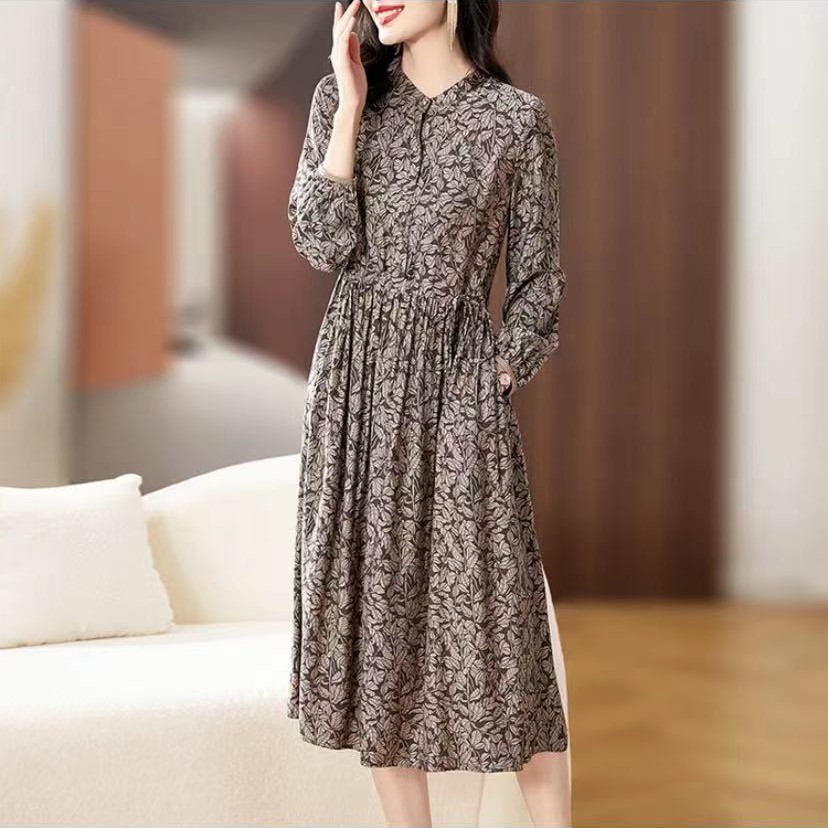  【苏沫服装】春秋款长袖高端气质立领碎花连衣裙宽松收腰显瘦6955