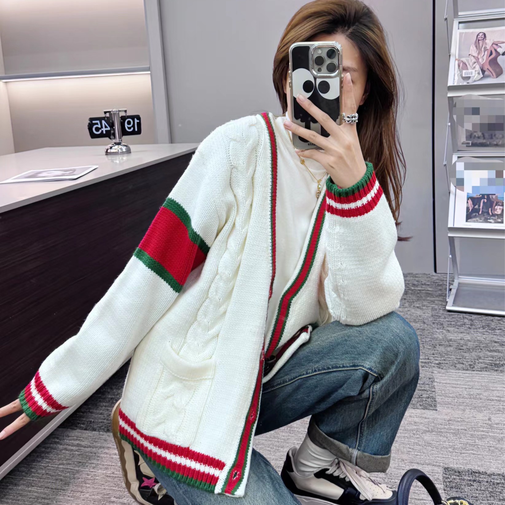 红绿拼色针织开衫外套 K4006