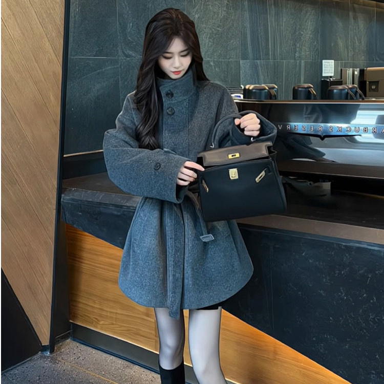 冬季加棉加厚立领毛呢外套女秋冬新款中长款收腰显瘦气质呢子大衣