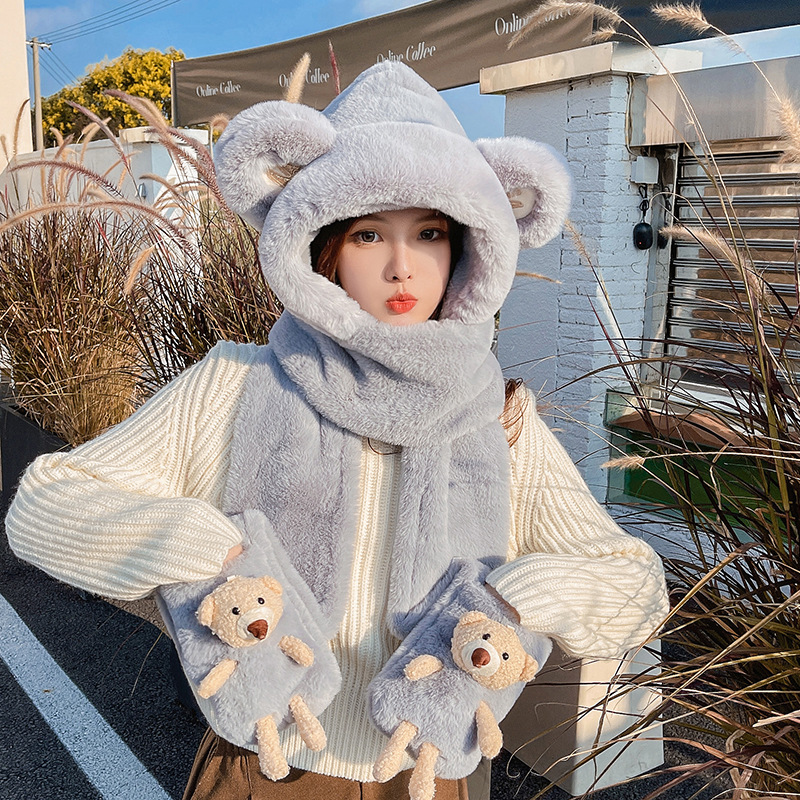 秋冬帽子女保暖围巾手套口罩一体三件套儿童小熊护耳加绒围脖连帽