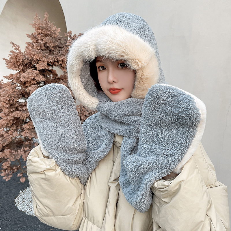 可爱护耳卡通毛绒连帽围脖女冬季骑车保暖手套帽子围巾一体三件套