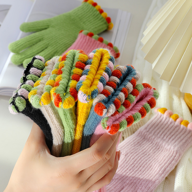 韩国ins小糖豆毛线针织手套冬季露指女纯色保暖防风骑车分指触屏