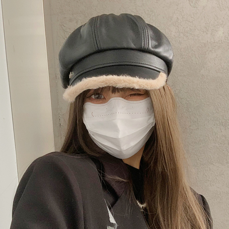 新款巨洋气美拉德复古PU皮拼接毛毛报童帽百搭保暖御寒ins八角帽