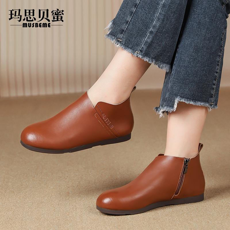 真皮短靴女2025新款秋季软面裸靴平底软底妈妈鞋舒适低跟女鞋