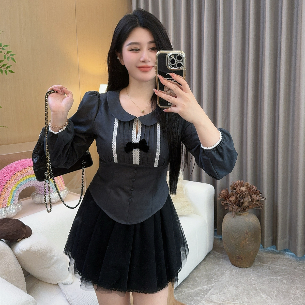 微胖大码女装秋冬 显瘦气质长袖设计感小个子收腰法式娃娃领衬衫1