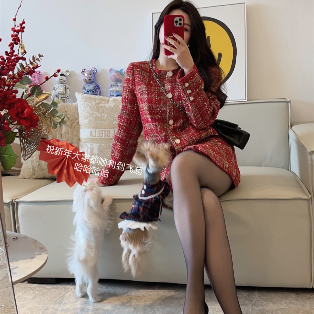 微胖大码女装红色高级感显瘦小香风气质套装加厚时尚外套大码