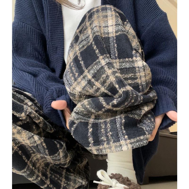 复古格子裤女2023新款秋冬高腰垂感直筒休闲毛呢裤显瘦加绒阔腿裤