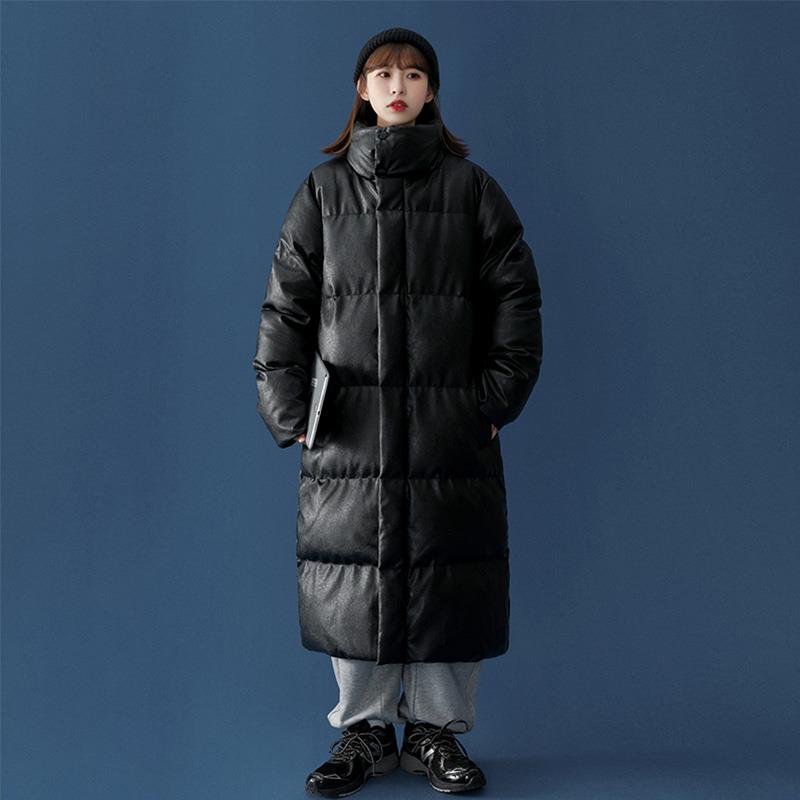 PU皮棉服女中长款冬季设计感小众oversize棉衣外套宽松加厚棉袄潮
