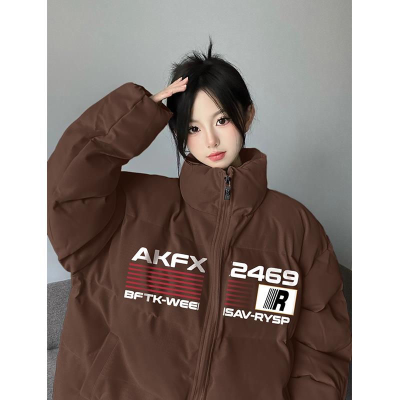 复古咖啡色潮牌印花棉服棉袄女2023冬季新款美式立领宽松棉衣外套