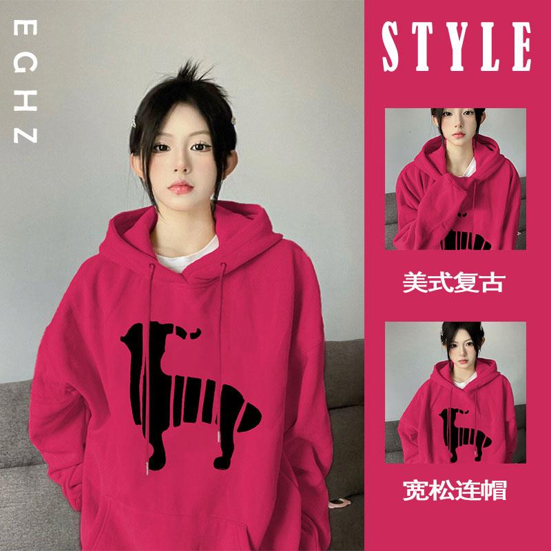 级感超好看玫红色连帽运动衫女加绒vintage美式潮牌小众外套上衣