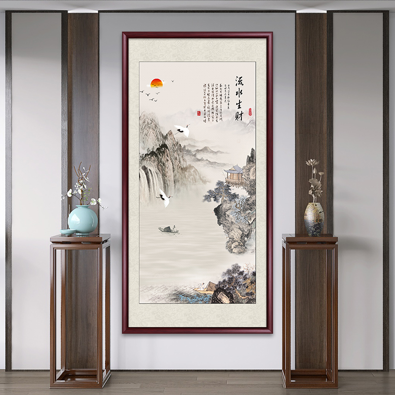 流水生财山水画玄关墙正对入户门壁画客厅中式国画水墨画背景墙画