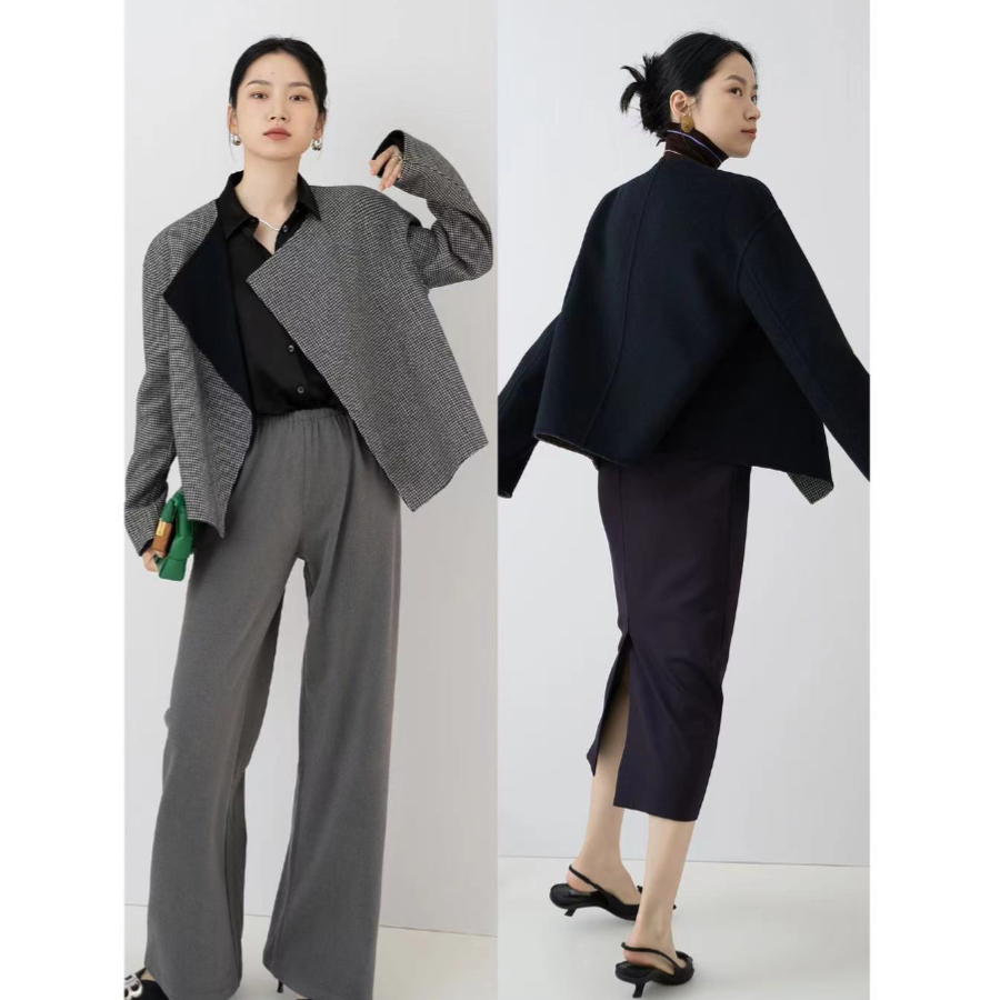 Le Samedi日本进口双面澳毛中古优雅双面2穿披肩领短大衣