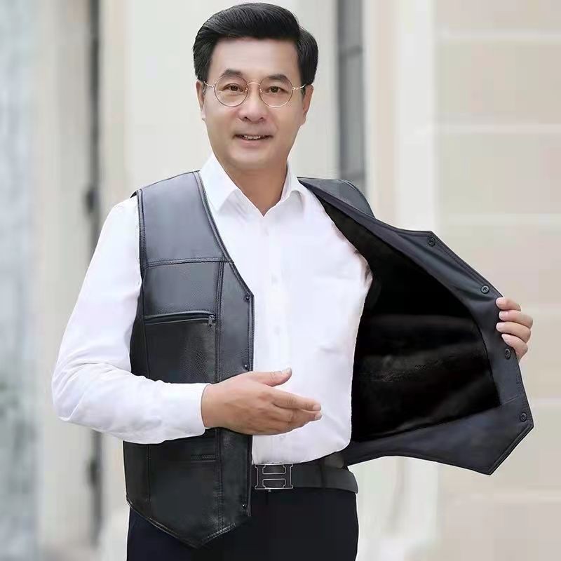 男士马甲老人秋冬新款高档加绒加厚保暖背心皮毛一体皮衣马夹坎肩
