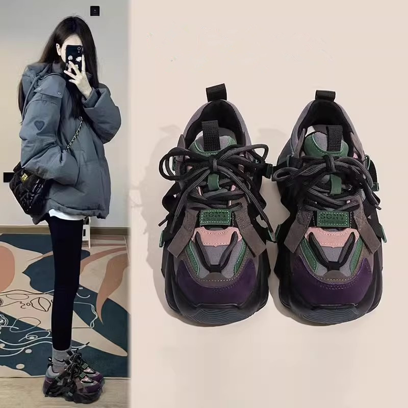 时尚爆款老爹鞋女2023秋冬季新款厚底5.5CM欧洲站休闲运动鞋拼色