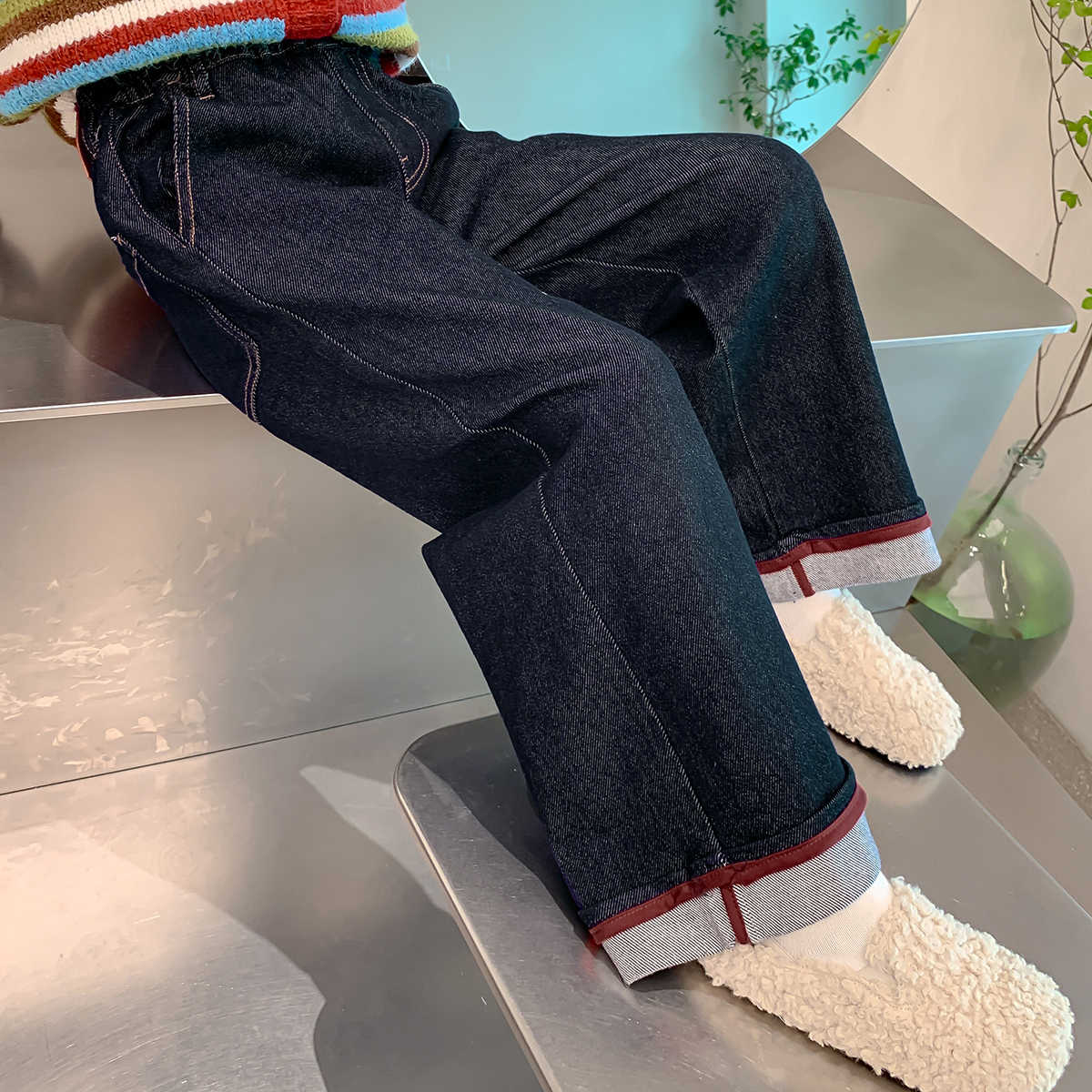 女童牛仔裤秋冬装中大童一体加绒裤子女孩长裤新款洋气百搭直筒裤