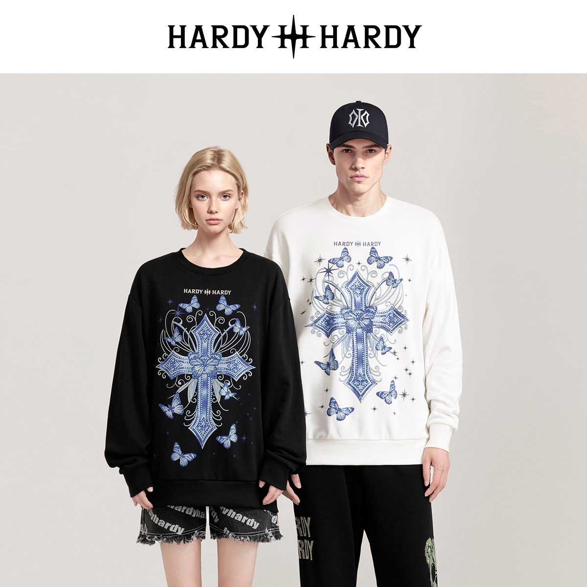 HARDY HARDY秋款十字架烫钻套头圆领情侣卫衣男女同款上衣