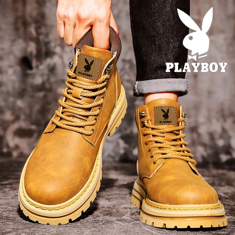 PLAYBOY大黄靴男2023秋冬款防水皮靴复古马丁靴男美式高帮工装靴