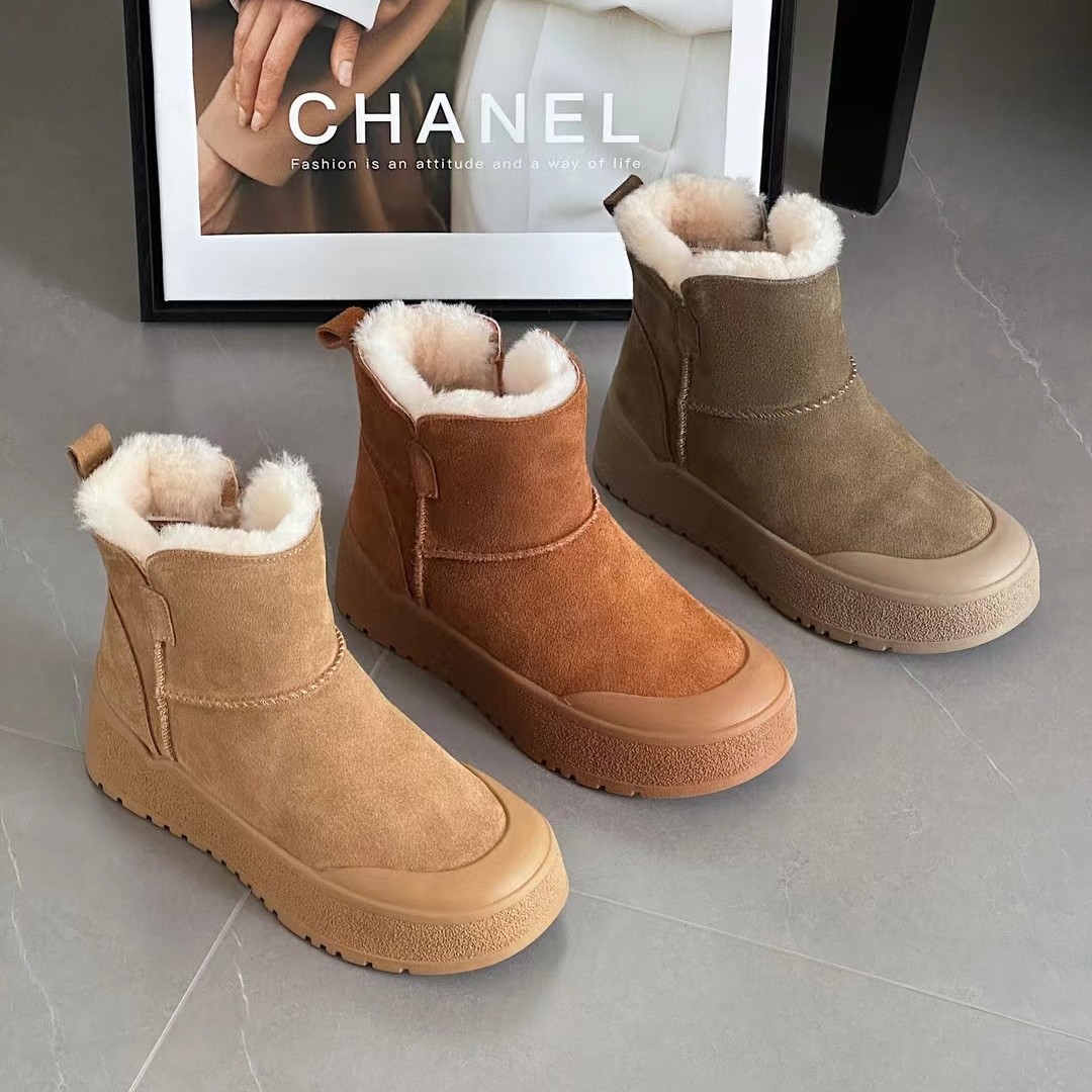 保暖加绒雪地靴厚底短筒真皮女靴冬季百搭防滑软底加厚休闲时尚