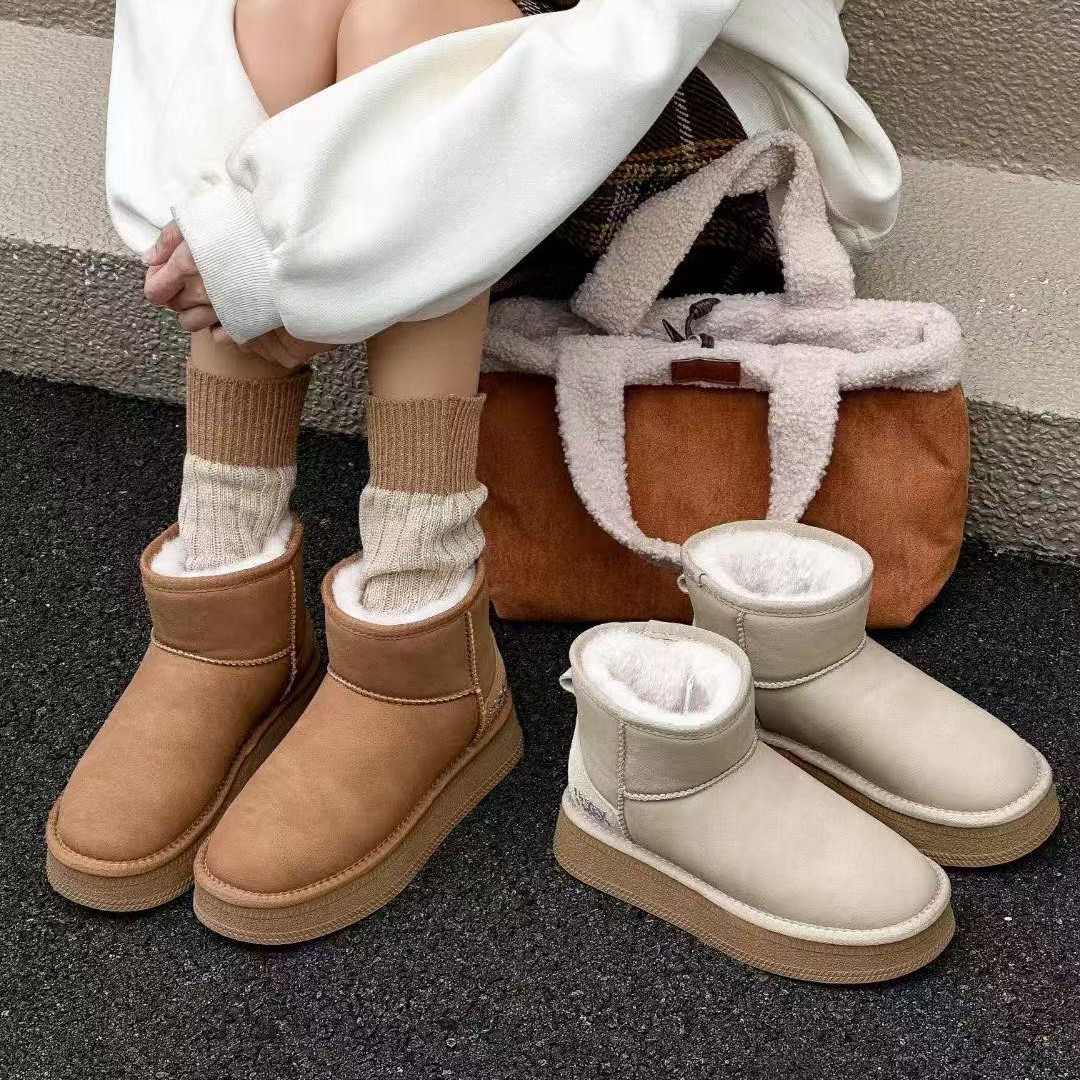 厚底雪地靴女加绒保暖防水防滑短筒女款真皮加厚秋冬棉鞋冬季新款