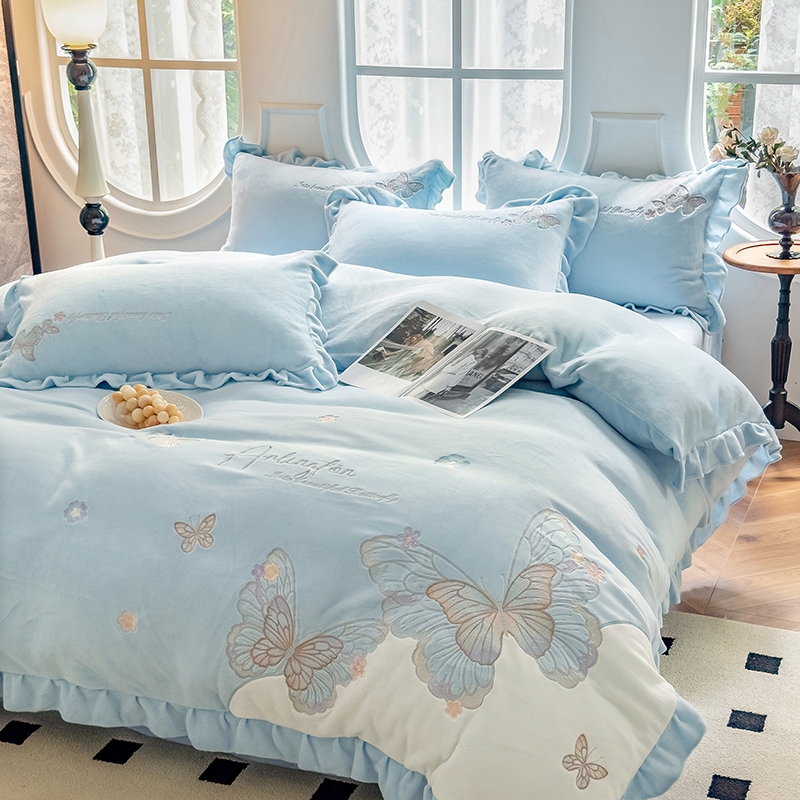 2024冬季刺绣新款加厚高克重保暖亲肤牛奶绒四件套公主风双面加绒