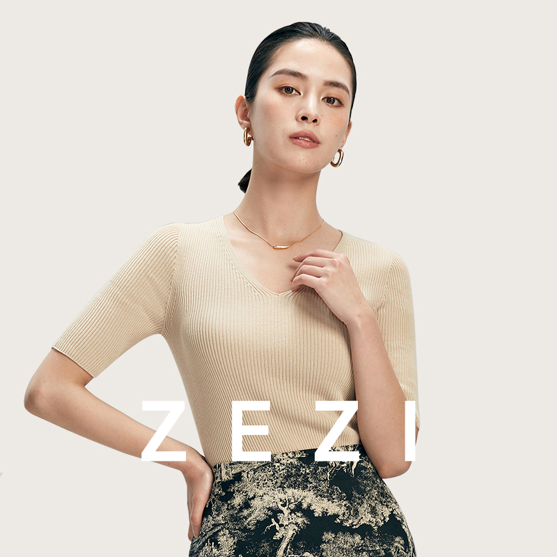 ZEZIV领棉麻_合体针织衫半袖纯色显瘦时尚休闲气质女装修身打底衫