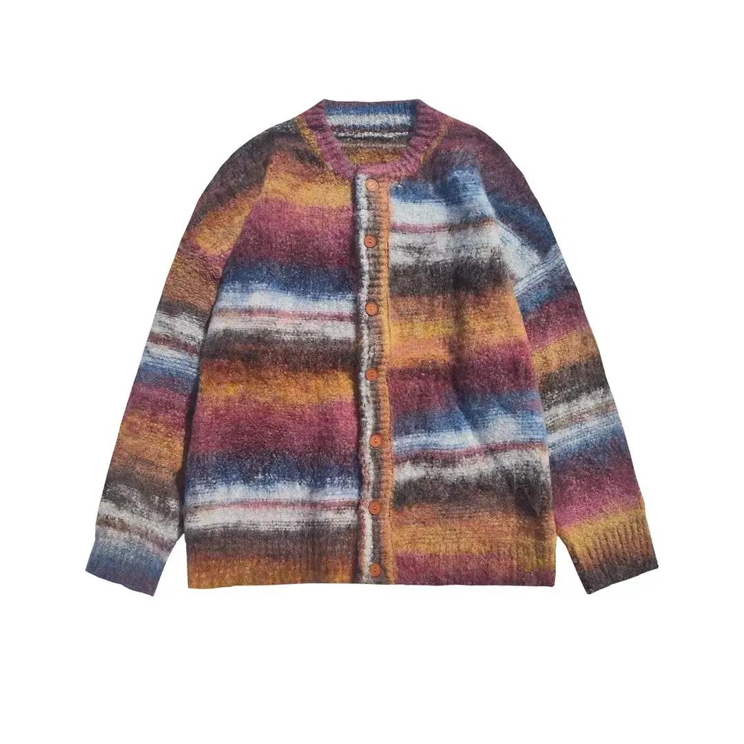 春秋季彩条纹扎染长袖撞色针织衫宽松休闲男女慵懒风V领开衫毛衣