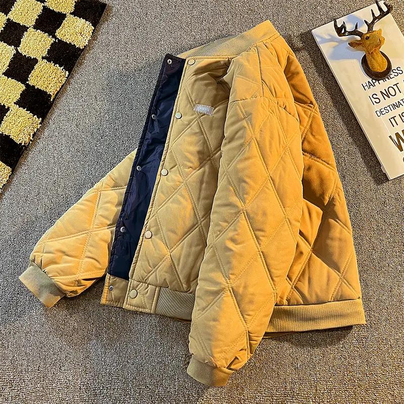 男装菱形格棉服男冬季加厚日系复古潮牌休闲棒球服保暖棉衣外套女