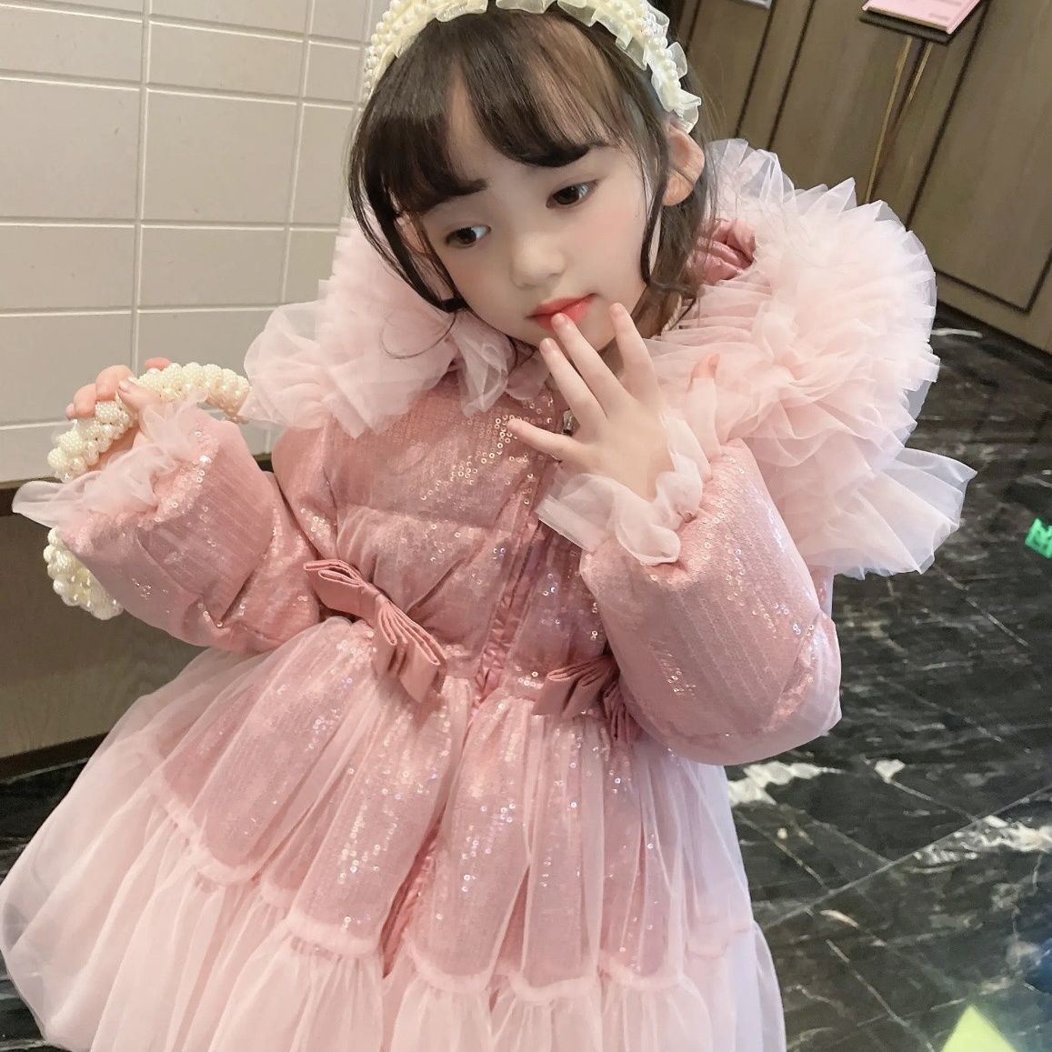 女童棉服2023年新款儿童冬季外套洋气网纱女宝宝冬装加厚棉衣衣