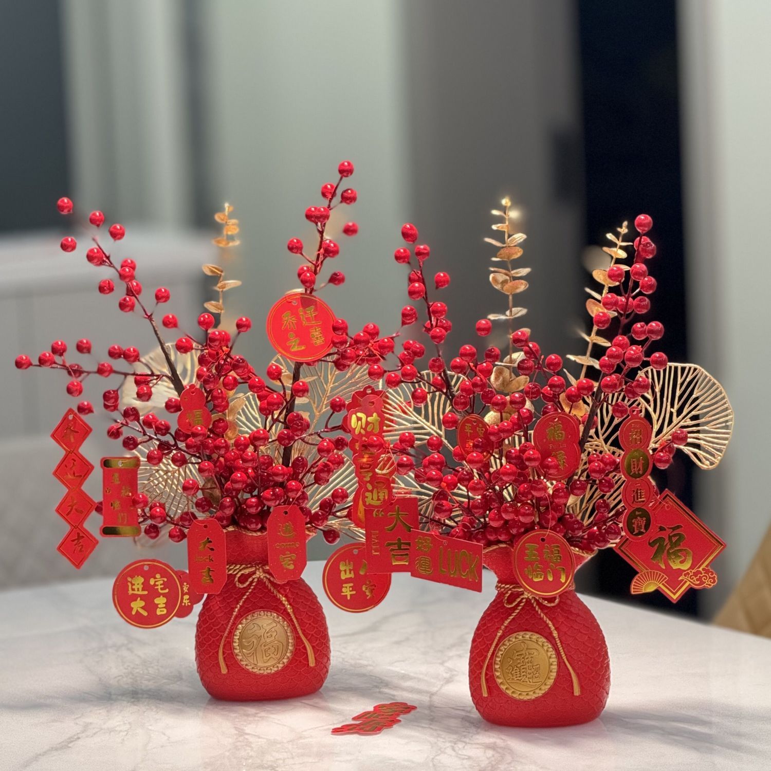 2024新年客厅装饰品结婚乔迁红果插花摆件发财果仿真花假花摆设