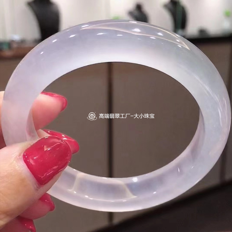 大小珠宝高冰起荧光冰白天然翡翠手镯正圈51送礼老坑缅甸翡翠玉镯