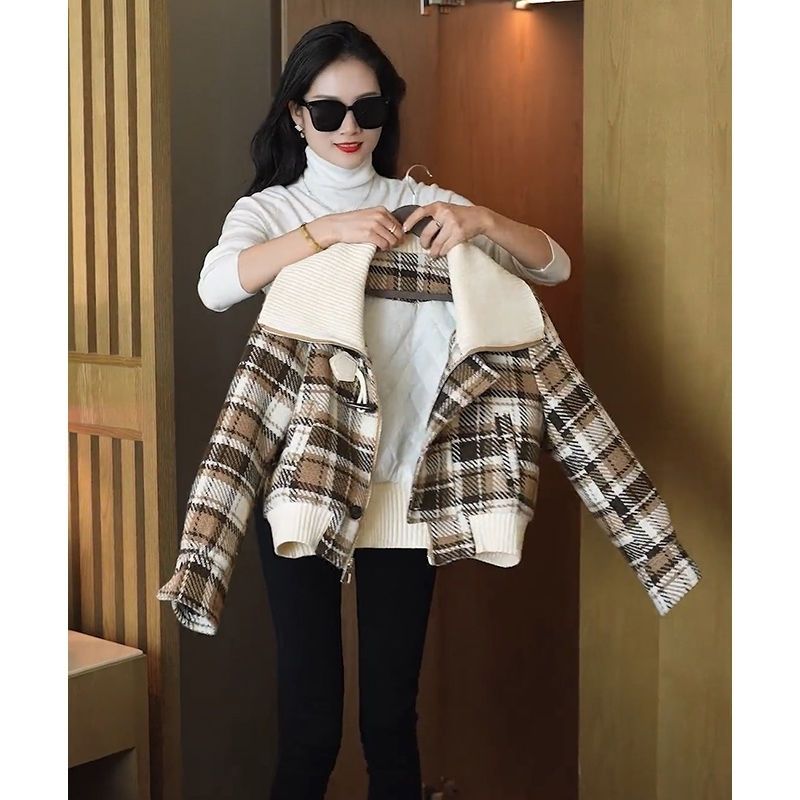 加厚格子小香风女短款小个子秋冬新款韩版百搭娃娃领显瘦夹棉外套