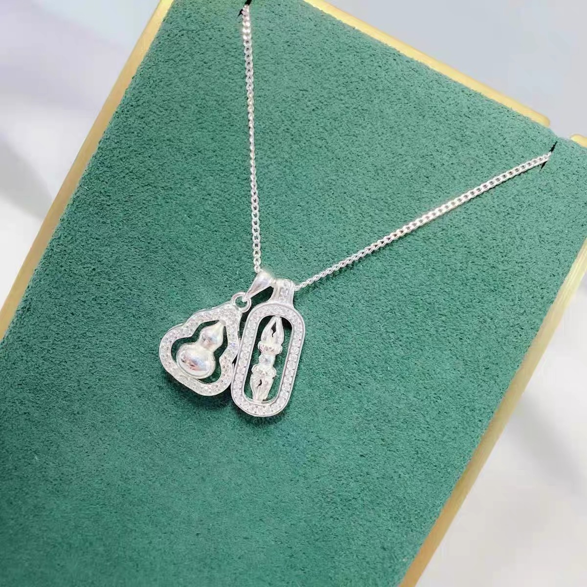 坠链均足银锆石 项链 金刚杵葫芦边 足银