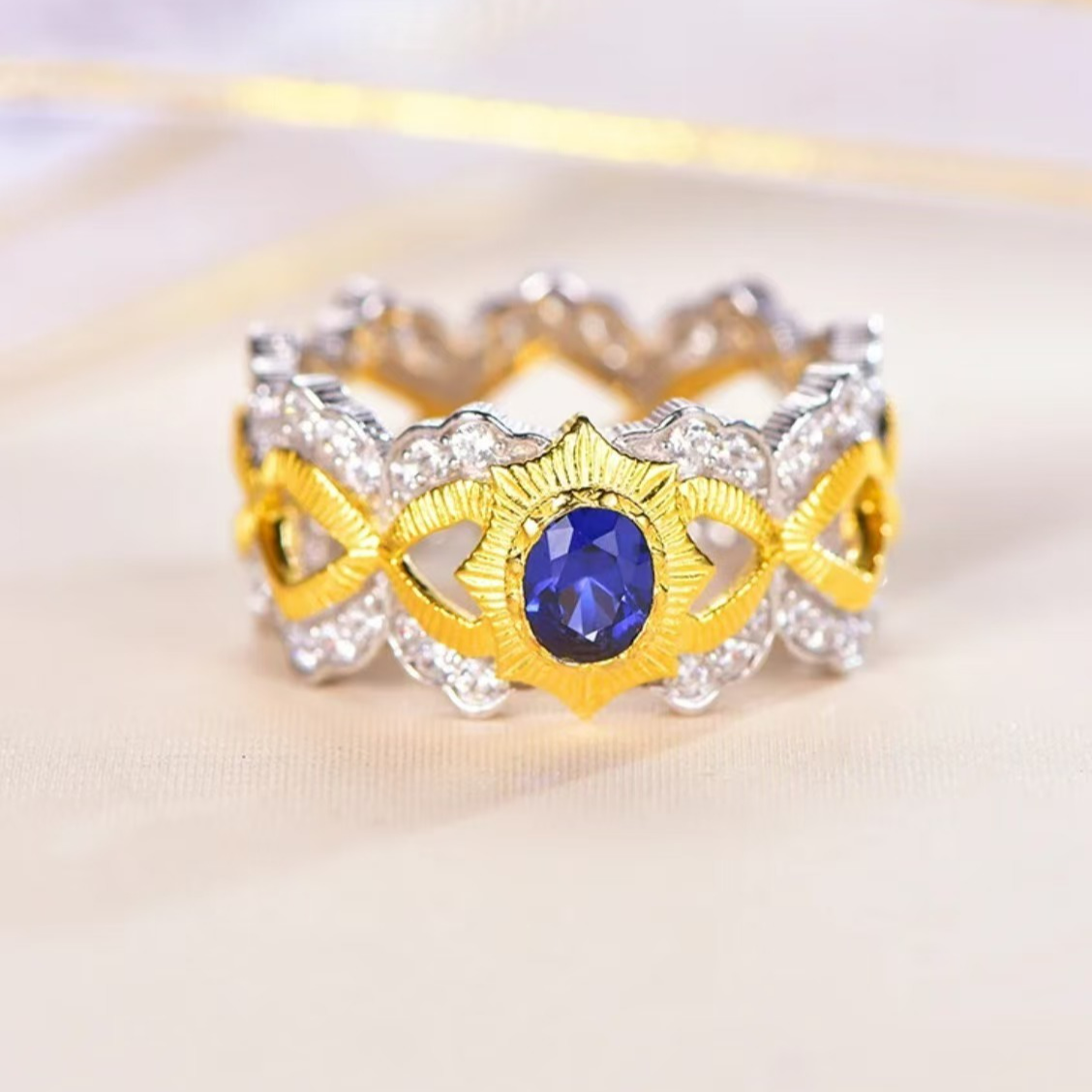 925银锆石戒指 925分金撞色齿轮镂空设计开口戒指