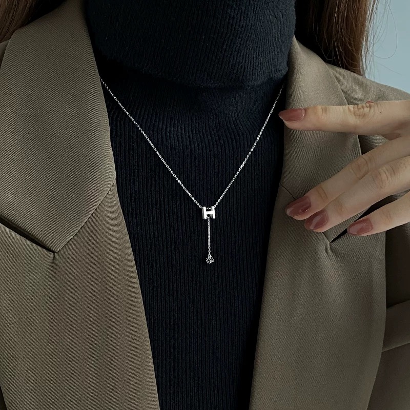 坠链均925银 S925纯银H英文字母百搭潮小众设计流苏项链