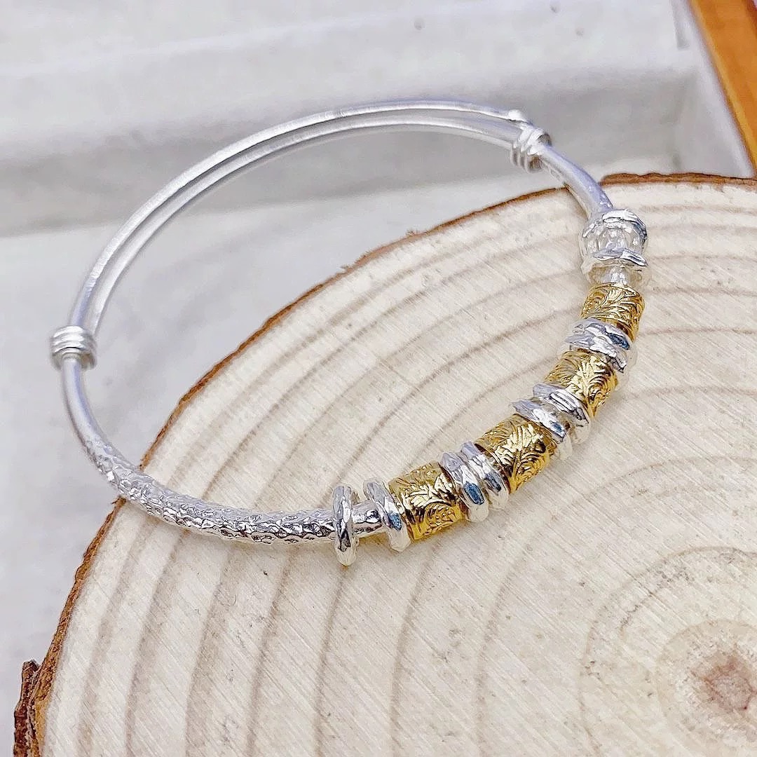 足银手镯 足银999.9描金锤纹串圈卷尾手镯