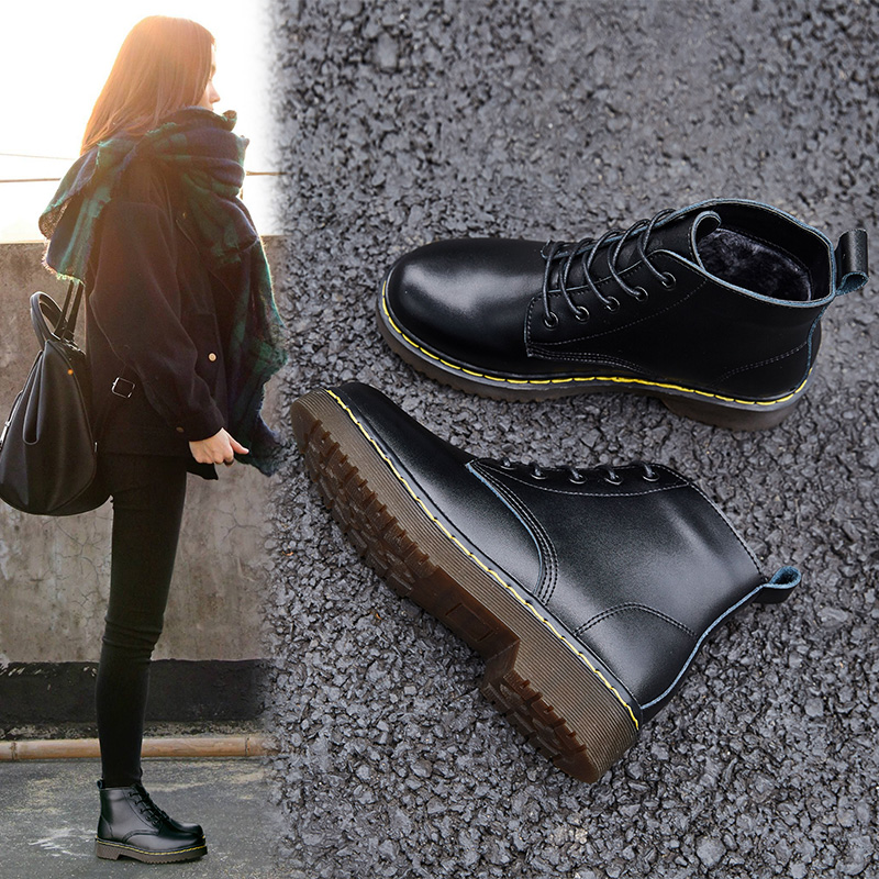马丁靴女2023年新款秋冬季百搭英伦风真皮平底加绒棉鞋女款短靴子