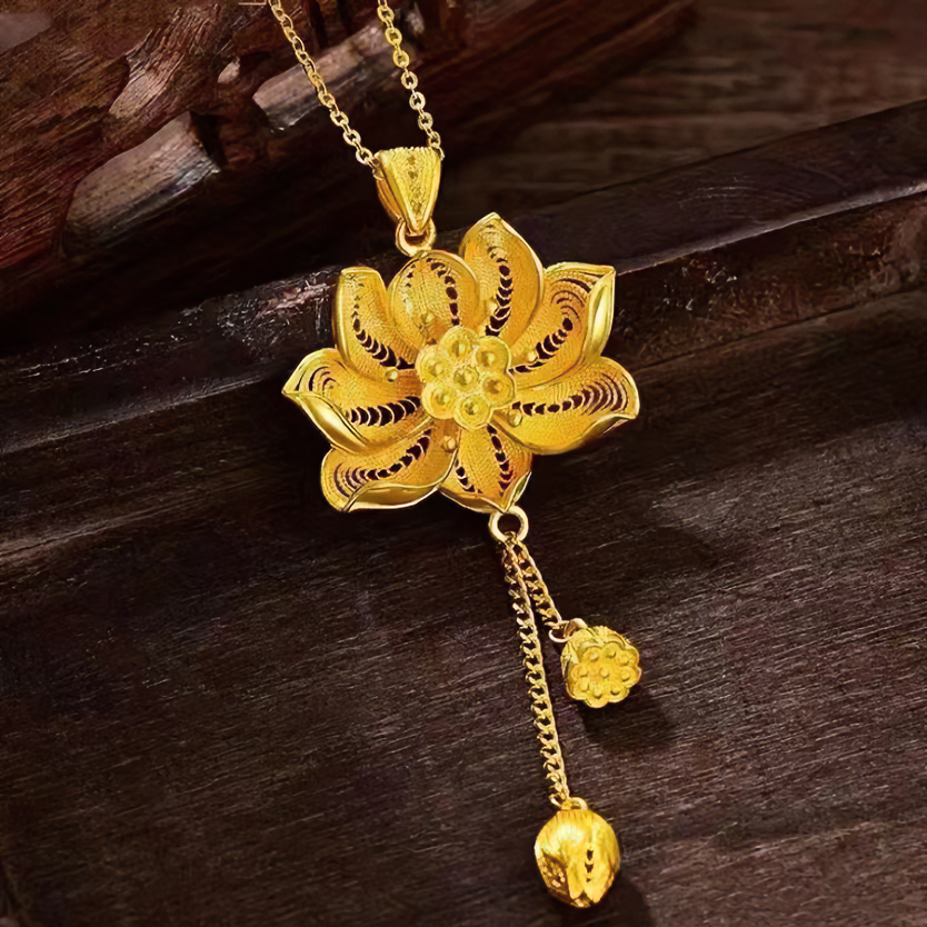 新中式足金莲花吊坠
