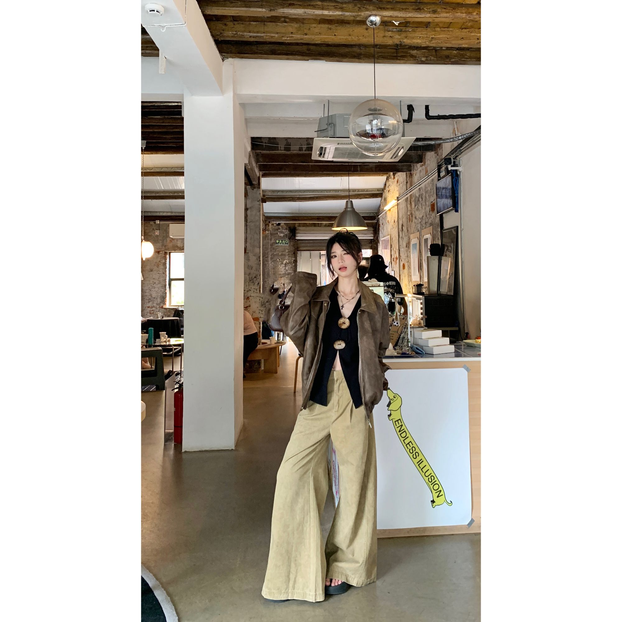 咖色牛仔裤秋冬百搭收腰显瘦阔腿休闲重工炒盐水洗做旧舒适感柔软