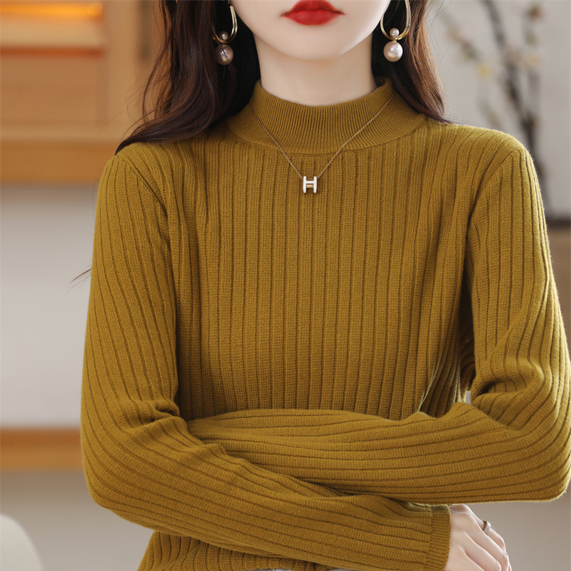 100%纯棉半高领坑条针织衫棉线宽松毛衣打底衫中厚款