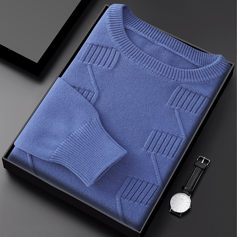 100%纯棉提花圆领针织衫男士棉线毛衣打底衫