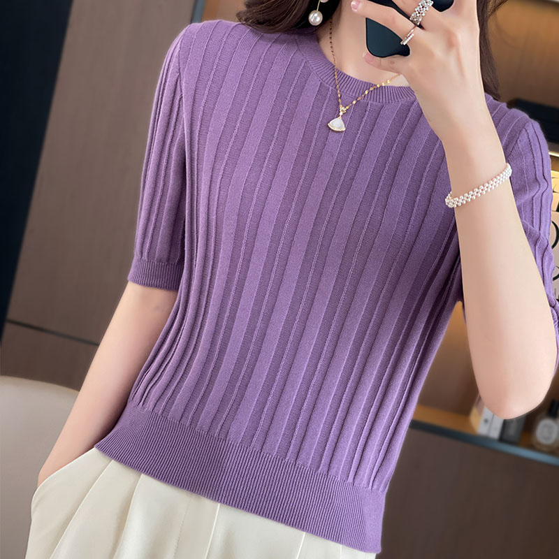 （短款） 100%纯棉抽条针织短袖夏季百搭显瘦棉线T恤