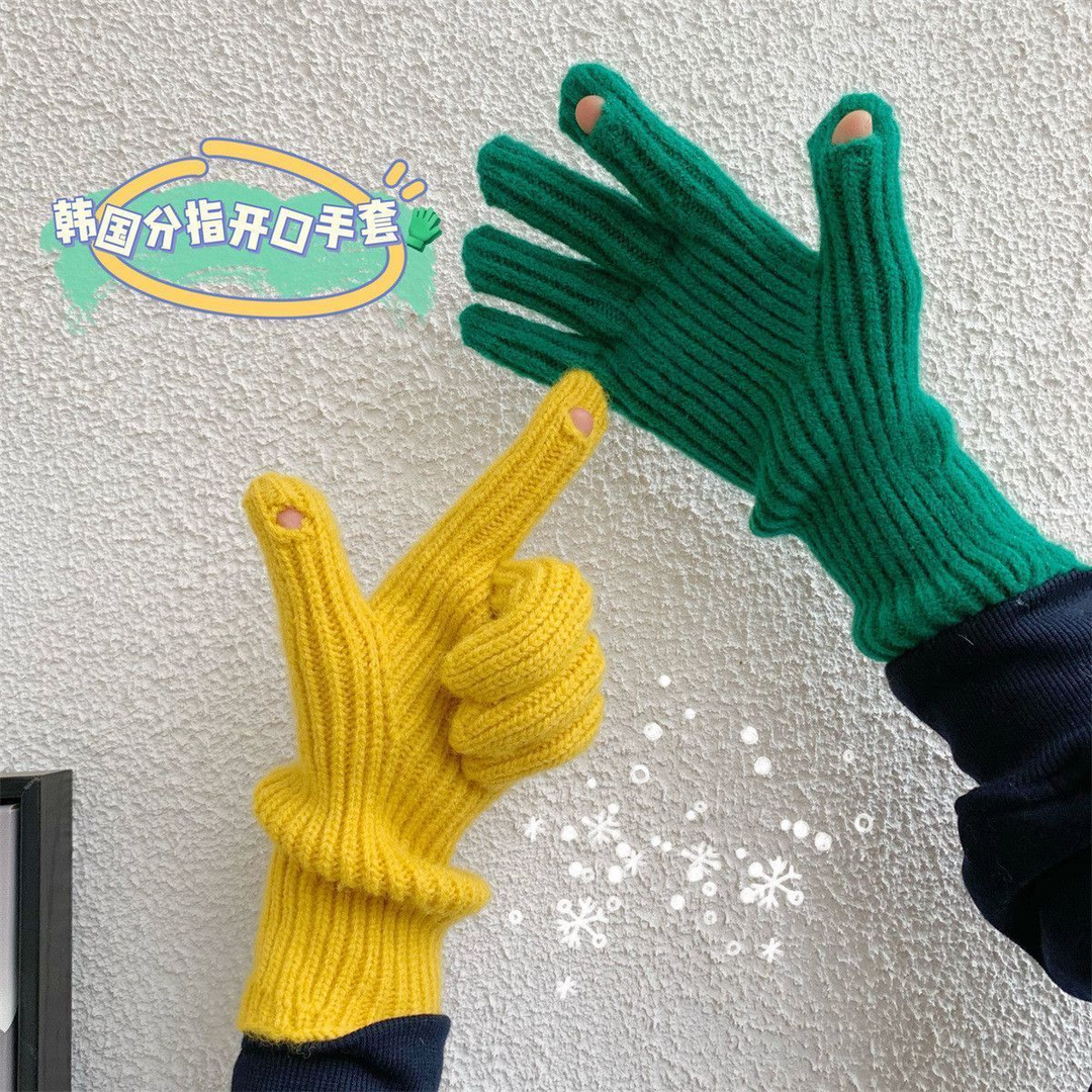针织手套克莱茵蓝毛线纯色手套秋冬韩国ins 新款分露指触屏护手腕