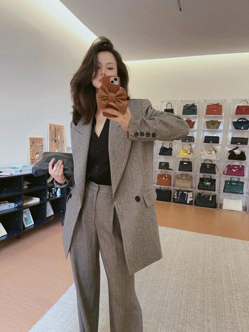 【红标-西装女帝】灰色双排扣廓形西装复古阔腿西裤套装两件套