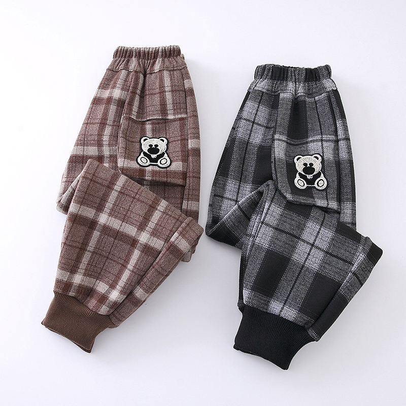 女童加绒裤子儿童打底裤秋冬男童休闲裤洋气外穿格子一体绒童裤冬
