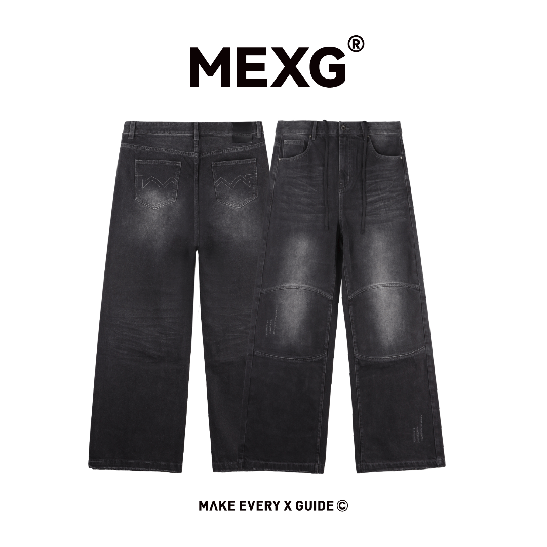 MEXG猫须马骝膝盖解构分割牛仔裤男牛仔裤子男款直筒直筒时尚