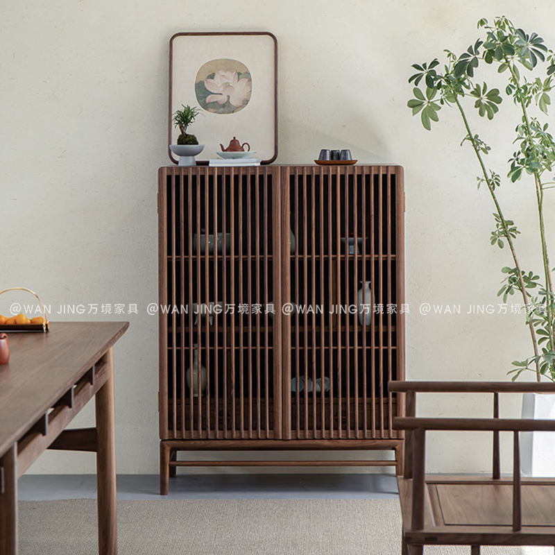 新中式黑胡桃木餐边柜储物柜实木茶室小边柜茶叶柜入户玄关柜矮柜