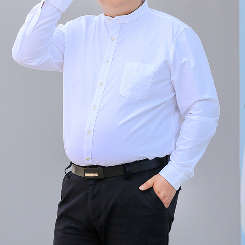 S-10XL加大码中华立领衬衫长袖纯棉白色无领小圆领中山装衬衣加肥